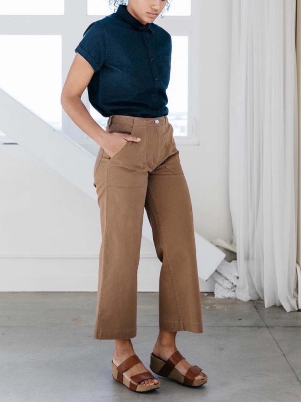 Bridge & Burn Gladstone Wide Leg Crop Pants size 27 Brown Organic Cotton Utility